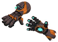 an orange and black robotic hand with glowing green eyes