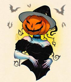 a drawing of a woman dressed as a witch with a pumpkin on her head and bats around her neck