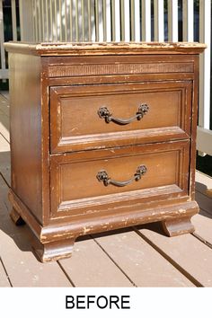 the before and after photos of an old wooden chest of drawers on a porch deck