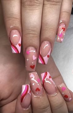 Short Dip Valentine Nails, Ballerina Nails Valentines Day, Valentines Coffin Nail Ideas, Short Nail Heart Designs, Crazy Valentines Nails, Short Valentine Day Nails, Colorful Valentines Nails, Valentines Day Nails Designs Almond, Valentines Day Nails Short Almond