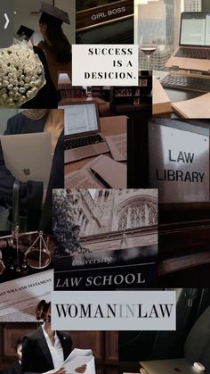 collage of various images with women in law and law books on them, including laptops