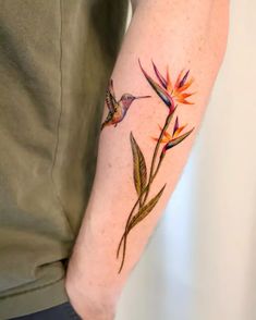 a bird of paradise tattoo on the arm