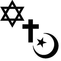 two crosses and a crescent with the star of david on it, in black against a white background