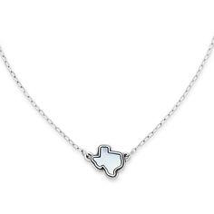 This Texas necklace offers our guests a beautiful way to show their love for the Lone Star State in sterling silver. Pairing beautifully with the ring of the same name, it comes in three different colors of layered gemstones that reference the state flag: White Sterling Silver Jewelry With Gemstone, White Sterling Silver Necklace With Polished Finish, White Sterling Silver Charm Necklace Fine Jewelry, White Polished Sterling Silver Jewelry, Sterling Silver White Birthstone Jewelry, White Sterling Silver Jewelry With Birthstone, Blue Sterling Silver Charm Necklace, Silver Southwestern Engraved Necklace, Blue Heart-shaped Sterling Silver Necklace