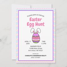 an easter egg hunt party card on a white surface with pink, blue and green stripes