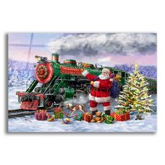 a christmas train with santa clause and presents on the tracks in front of a snowy landscape