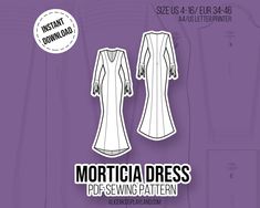 the front and back view of morticia dress sewing pattern