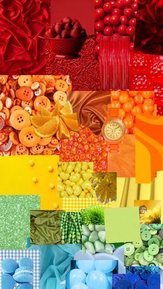 a collage of different colors with buttons and other things in the background that are red, orange, yellow, green