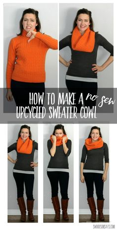 the instructions to make an upcycled sweater cowl for women in black and orange