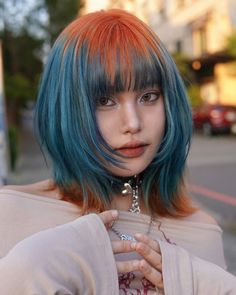 Blue And Orange Hair Color, Yellow And Teal Hair, Blue And Ginger Hair, Creative Hair Color Short, Orange Blue Hair, Yellow And Blue Hair, Blue Orange Hair, Orange And Blue Hair