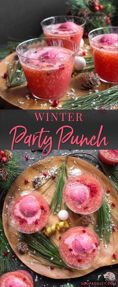 holiday party punch with pine cones and berries