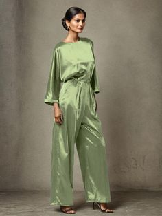 Olive_Green Dress Pantsuit, Mother Of The Bride Looks, Satin Jumpsuit, Dress Pant Suit, Bride Look, Mother Of The Bride Dress, Groom Dress, Satin Material, Mother Of The Groom