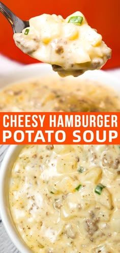 cheesy hamburger potato soup in a white bowl with a spoon full of it