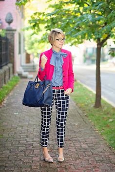 Windowpane pants, pink and purple. Wow. With flats! Pants With Top, Seersucker And Saddles, Windowpane Pants, Preppy Chic, Over 50 Womens Fashion, Pink Blazer, Casual Work Outfits