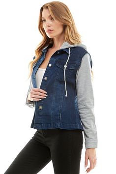 Spandex Women's Denim Jacket with HoodieRemovable hoodie Women's Destroyed Denim Jean JacketYoung Contemporary75% cotton,23% Polyester,2% Spandex Durable Jacket for everyday use*Model's Height is 5'9 and wearing a size small Style: Casual Print / Pattern: Solid Fit: Regular Fabric Contents: 75% cotton,23% Polyester,2% SpandexStretch fabricCare Instructions: Machine WashSize Measurement (inch): S: 20.0 (Bust), - (Waist), - (Hips), 24.0 (Length) M: 21.0 (Bust), - (Waist), - (Hips), 24.5 (Length) L Destroyed Denim Jacket, Ladies Denim Jacket, Denim Jacket With Hoodie, Suede Outfit, Burgundy Outfit, Ladies Denim, Destroyed Denim, Black Denim Jacket, Denim Jacket Women