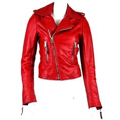 The Leather Motorcycle Jacket Has Become A Wardrobe Staple In Contemporary Fashion And This Balenciaga Lambskin Leather Moto Jacket Is One That Truly Lives Up To Its Name. Featuring The Classic Motorcycle Jacket Details We Love: An Asymmetric Front Zip With Zippers, A Notched Collar, And Zip Cuffs. This Jacket Is Structured And Fitted. Size 40 (Equivalent To A Size Small). In Excellent Condition. Current Retail Price Is $3540. Fitted Red Biker Jacket, Classic Red Fitted Biker Jacket, Designer Red Fitted Leather Jacket, Classic Fitted Red Biker Jacket, Designer Fitted Red Leather Jacket, Designer Red Leather Jacket For Winter, Luxury Fitted Red Leather Jacket, Designer Red Leather Jacket For Fall, Chic Red Fitted Biker Jacket