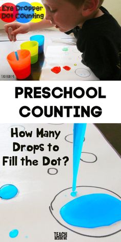 a young boy is painting with blue paint on paper and the words preschool counting how many drops to fill the dot?