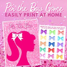 "Welcome to the ultimate party game that brings laughter and excitement to both adults and kids alike! Our \"Pin the Bow on Barbie\" game is a whimsical twist on the classic party activity, perfect for birthdays, bridal showers, or any festive occasion. Easily print at home or at a local printer. 🎀 What's Included: 2 Digital Downloadable files with two different game sizes This includes a set of vibrant bows for pinning the perfect accessory on Barbie's hair. 🎉 How to Play: Blindfold the participants and spin them around for an extra challenge. Hand them a bow sticker and let the fun begin as they try to pin it on Barbie's hair. The player who gets closest to the mark wins a fabulous prize! 🌟 Game Highlights: Adorable and stylish Barbie design that adds a touch of glamour to your party Pin The Bow On Barbie Game, Barbie Games For Kids, Barbie Party Activities For Kids, Pin The Bow On Barbie, Barbie Party Games, Barbie Birthday Party Games, Barbie Game, Barbie Bday, Bingo Birthday