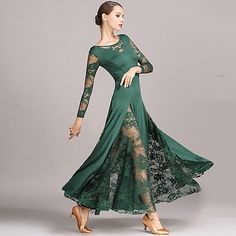 Ballroom Dance Dress Lace Women's Performance Long Sleeve Natural Lace Milk Fiber Tango Dance Dress, Modern Dance Dresses, Ballroom Dance Dress, Nature Dress, Ballroom Dance Dresses, Latin Dance Dresses, Standard Dress, Lace Dress With Sleeves, Dance Skirt