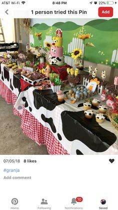 an image of a table full of food and decorations for a farm birthday or baby shower