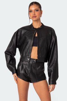 Jacket Cropped fit Matching set Faux Leather Model wears size S Model height is 5'7 Item care: Hand wash Cropped Faux Leather Jacket, Style Moodboard, Style Goals, 2024 Style, Cropped Leather Jacket, Sophomore Year, Swimwear Dress, Leather Jacket Black, Doja Cat