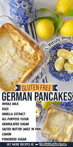 an advertisement for german pancakes with lemons on the side