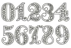 an old fashioned font that has been drawn in the style of numbers and letters with floral designs