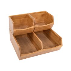 two wooden boxes with dividers on each side and one drawer open to show compartments