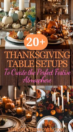 thanksgiving tables with candles, plates and pumpkins