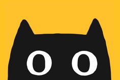 a black cat's head with two large eyes on a yellow and black background