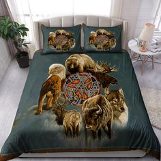 an image of a bed with animals in the middle and on it's side