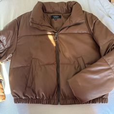 - Nwot - Perfect Condition - Size L Brown Puffer Jacket With Padded Collar For Fall, Trendy Brown Puffer Jacket For Fall, Brown Puffer Outerwear For Fall, Brown Puffer Outerwear For Spring, Puffer Coat, Coffee Shop, Puffer, Jackets For Women, Jackets & Coats