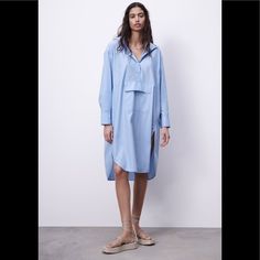 New With Tags Zara Cotton Midi Dress For Work, Zara Blue Shirt Dress For Spring, Oversized Blue Midi Dress For Spring, Zara Cotton Shirt Dress For The Beach, Zara Cotton Shirt Dress For Beach, Zara Cotton Shirt Dress For Daywear, Midnight Blue Dress, High Collar Dress, Color Block Bodycon Dress