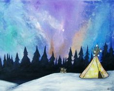 an acrylic painting of a teepee tent in the middle of a snowy landscape