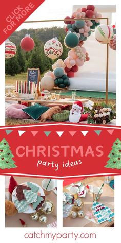 a christmas party with balloons and decorations on the table in red, white and green colors