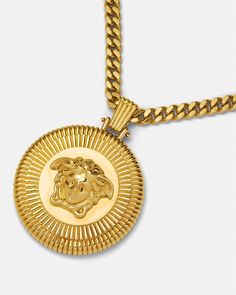 Medusa Biggie Necklace Gold | VERSACE US Luxury Metal Jewelry With Logo Charm, Luxury Tarnish Resistant Medallion Necklace, Gold-tone Medallion Chain Jewelry, Luxury Pendant Chain Necklace With Logo Charm, Luxury Tarnish-resistant Medallion Necklace, Gold-tone Necklace With Logo Charm, Gold-tone Round Necklace With Logo Charm, Gold Medallion Necklace With Logo Charm, Luxury Medallion Jewelry With Logo Charm