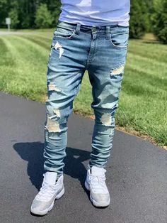 Men's Cotton Ripped Denim Pants - Trendy Casual Slim Jeans As Gift - Men's Clothing - Temu South Africa