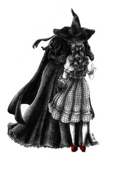 a black and white drawing of two children dressed up as wizard and witch with their arms around each other