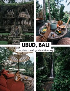 a collage of photos with the words ubud, bali complete travel guide and itinerary