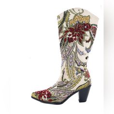 Color Lined Tapestry Helen's Heart Couture Bling Boots Made With Silk, Linen, And Cotton Mix Fabric Featuring Hand Sewn Crystals Following The Floral Patterns. Optional Matching Jackets Are Available.Please Inquire For Your Exact Size Elegant Party Boots With Embroidery, Elegant Embroidered Pointed Toe Boots, Heart Couture, Boot Bling, Color Lines, Mixing Fabrics, Shoes Heels Boots, Shoes Women Heels, Heeled Boots