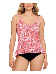 SWIM SOLUTIONS Women's Coral Printed Stretch Lined  Ruffled Hem Deep V Neck Adjustable Mix It Up Tankini Swimsuit Top 10 High Neck Tankini, Underwire Tankini Tops, Underwire Tankini, Coral Print, Womens Tankini, Tankini Swimsuit, Printed Tankini, Tankini Swimsuit Top, High Waisted Swim