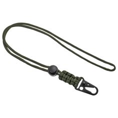 an army green lanyard strap with metal snaps on the end and black hook