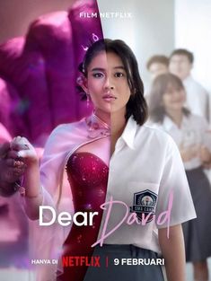 the poster for dear david is shown in front of a group of young women and men