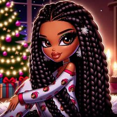 an animated image of a woman with long braids in front of a christmas tree