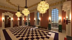 a large room with chandeliers and checkered flooring in the center is lit by three lights