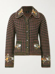 From the colorful threads to the botanical floral appliqués, Etro's jacket will instantly uplift any outfit. It's knitted with plenty of wool and has a slightly loose shape with a rounded collar. Button yours up over a simple tee. Colorful Threads, Knitted Jacket, Exclusive Dress, Knitwear Fashion, Simple Tees, Knitwear Cardigan, Bag Dress, Dress Trousers, Clothes Collection