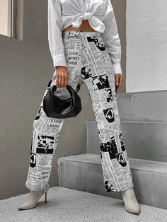 Newspaper Pants Outfit, Newsprint Pants, Newspaper Jeans, Newspaper Outfit, News Paper Dress, Eras Outfit, Printed Pants Outfits, Taylor Outfits