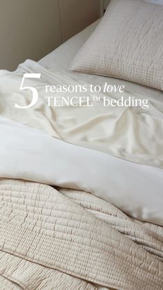 an unmade bed with the text 5 reasons to love tenceln's bedding