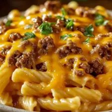 a close up of a plate of pasta with cheese and ground beef on the top