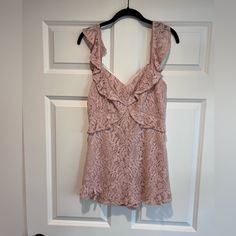 New With Tags! Blush Lace Romper That Zips Up In The Back. Very Sturdy Quality Material. Feminine Pink Jumpsuits And Rompers For Night Out, Lace Romper, Evening Dress, The Back, Pant Jumpsuit, Jumpsuit Romper, Evening Dresses, Zip Ups, Blush